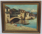 V.D'AURIA. "Lago de Como", óleo s/eucatex, 43 x 55 cm. Assinado no CID. Emoldurado, 56 x 67 cm.