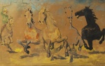 Aquarela, "Cavalos Selvagens", 44 x 64 cm, assinatura não identificada no CID. Emoldurado, 51 x 71 cm, no estado.