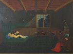 ÍDILIO, Cena romântica, óleo s/ tela 72 x 53 cm, assinatura não identificada no CID. Emoldurado, 78 x 59 cm, no estado.