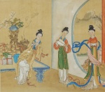 Quadro Chinês, "Três Gueixas", guache s/ seda, 31 x 35 cm, autor desconhecido. Emoldurado, 51 x 55 cm, apresentando marcas do tempo.