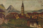 Autor Desconhecido. "Paisagem de Casario com Igreja", óleo s/ madeira, década de 40, medindo: 33 x 50 cm s/ moldura, no estado.