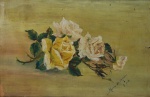 MARIA DE LOURDES. "Rosas", óleo s/ cartão, 34 x 52 cm, assinado e datado 1941 no CID. Emoldurado, 43 x 61 cm, no estado com as bordas danificadas.