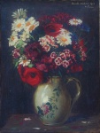 Escola Européia, "Vaso de Flores", óleo s/ tela, assinatura não identificada no CID e datado 1914, medindo 45 x 34 cm. Emoldurado, 54 x 42 cm.