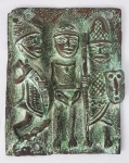 Placa Escultural em Bronze, contento 3 figuras de Guerreiros Africanos em alto relevo, medindo 20 x 15 x 3 cm.