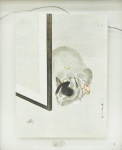 Pintura chinesa sobre sêda, "Gato com aranha", 38 x 28 cm. Assinada. Emoldurada com vidro, 57 x 48 cm.