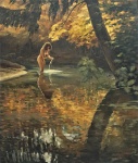 FRANCISCO ASZMANN. "Nú feminino no rio", óleo s/madeira, 160 x 134 cm. Assinado no CID,1963 e verso F.A. . Emoldurado, 177 x 152 cm.