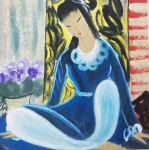 ASSINATURA NÃO IDENTIFICADA. " Figura feminina", pintura s/cartão colado s/tecido oriental, 67 x 67 cm.  Assinado. Medida total , 182 x 82 cm.