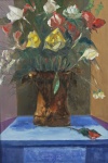 JENNER AUGUSTO - "Flores", óleo sobre tela, assinado frente e verso, localizado e datado, Rio, 12/8/1987, nova série Guel. Medidas tela 65 x 46 cm, moldura 92 x 72 cm.