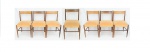 Carlo Hauner- Conjunto de 7 cadeiras em jacaranda, com elementos cilíndricos e tabelão, encosto com travessa, vazado, assento em tecido chenille na cor goiaba.No estado original. Medidas 80 x 44 x 46 cm.