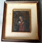 ESCOLA CUSQUENHA. "Nossa Sra das Dores", óleo s/chapa , 20 x 15 cm. Emoldurada, 34 x 30 cm.