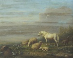 JOSEPH VERBOECKHOVEN (1798  1881) . " Cavalo e Ovelha" ,óleo s/madeira,  23 x 30 cm. Assinado. Emoldura, 42 x 48 cm.