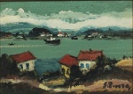 SYLVIO PINTO - "Paisagem com barcos", óleo sobre eucatex, assinado c.i.d. Medidas, pintura 15 x 21 cm, moldura 36 x 42 cm.