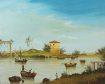 RAFAEL CASTELLANI - "Marina con pescattores", óleo sobre tela, assinado frente e verso. Medidas, tela 33 x 41 cm, moldura 63 x 71 cm.
