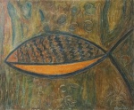 MARIA TOLEDO. "Peixe", óleo s/ tela, assinado e datado no CIE, medindo 46 x 55 cm. No estado, apresentando sinais do tempo e pequenos furos.