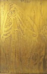 Obra sobre placa de metal, representando uma santa, medindo 44 x 29 cm. Emoldurado, medindo 61 x 47 cm, no estado.