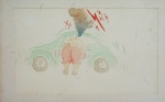 Autor Desconhecido. "Fusca Quebrado", desenho em aquarela s/ cartão, medindo 16 x 27 cm s/ moldura.