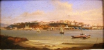 PAULO DE CARVALHO." Vista do Morro do Castelo tomada de Villegaignon, RJ, Séc. XIX", óleo s/madeira, 10 x 20 cm; Emoldurado, 28 x 37 cm.