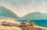 REGINA VEIGA (1890-1968) . "Colônia e pescadores na Praia de Copacabana". óleo s/tela, 60 x 90 cm. Assinado CID, cerca 1940. Emoldurado, 95 x 125 cm.