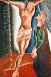 MARIO MENDONÇA - "Crucificação c/ tapete vermelho", óleo sobre tela, assinado no cid datado frente e verso 1981, acompanha cache Cláudio Studio de Arte. Medidas, 72 x 48 cm, moldura 94 x 70 cm.