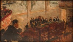 Modesto Brocos (1852-1936) - "Cena de tribunal", óleo sobre madeira, assinado. Medida 16 x 8 cm, moldura 30 x 23 cm. Assinado no canto superior esquerdo. Modesto Brocos y Gómez foi um pintor, desenhista e gravador espanhol radicado no Brasil definitivamente a partir de 1890