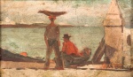 Modesto Brocos (1852-1936) - "Pescadores", óleo sobre madeira, assinado. Medida 16 x 8 cm, moldura 30 x 23 cm. Modesto Brocos y Gómez foi um pintor, desenhista e gravador espanhol radicado no Brasil definitivamente a partir de 1890