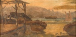 Modesto Brocos (1852-1936) - "Barcos", óleo sobre tela, assinado. Medida 16 x 8 cm, moldura 30 x 23 cm. Modesto Brocos y Gómez foi um pintor, desenhista e gravador espanhol radicado no Brasil definitivamente a partir de 1890