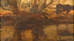 Modesto Brocos (1852-1936) - "Cena com gado", óleo sobre madeira, assinado. Medida 16 x 8 cm, moldura 30 x 23 cm. Modesto Brocos y Gómez foi um pintor, desenhista e gravador espanhol radicado no Brasil definitivamente a partir de 1890