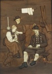 AUTOR DESCONHECIDO. " Cena com caçador", placa de madeira com marfim, 24 x 17 cm. Emoldurado, 33 x 26 cm .