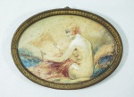 Pequeno quadro oval. "Figura feminina", aquarela, 11 x 11 cm. Emoldurado com vidro, 10 x 11 cm.
