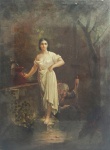 Quadro  atribuído a F.VILAÇA. Pintura europeia. "Mulher na fonte com idosa", óleo s/tela,  30 x 20 cm. Emoldurado.