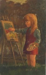 ROBERTO DE SOUZA. " Menina pintando". óleo s/madeira, 25 x 15 cm. Assinado. Sem moldura.