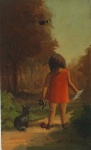 ROBERTO DE SOUZA. " Menina com gato", óleo s/madeira, 25 x 15 cm. Assinado. Sem moldura.
