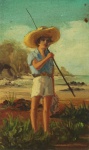 ROBERTO DE SOUZA. " Menino pescador", óleo s/eucatex, 25 x 15 cm. Assinado. Sem moldura.