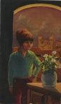 ROBERTO DE SOUZA. " Menina com vaso de flores", óleo s/eucatex,  25 x 15 cm. Assinado. Sem moldura.