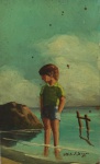 ROBERTO DE SOUZA. " Menino no mar", óleo s/eucatex, 25 x 15 cm. Assinado. Sem moldura.