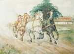 SEM ASSINATURA. "Carroça com cavalos", óleo s/tela, 60 x 78 cm. No estado ( com furo na tela ). Emoldurado, 80 x 98 cm.