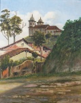 SOBRAGIL GOMES CAROLLO. "Paisagem com igreja no alto", óleo s/tela, 61 x 48 cm. Assinado no CID. Emoldurado, 81 x 68 cm.