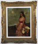 MARIANO FORTUNY Y MARSAL (1838-1874) " Figura feminina c/ cachorro" óleo s/ tela, medindo 50 x40 cm e 70 x 60 c/ moldura, assinado no CIE.