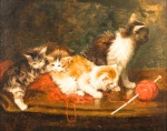 JULES LE ROY ( 1833 -1865).  "Gatos", óleo sobre  madeira, assinado no cid. Medidas, 33 x 41 cm, moldura 61 x 69 cm.
