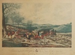 Gravura antiga inglesa, colorida . "The Chase of The Roebuck", medindo 55 x 74 cm. Emoldurada com vidro, 62 x 81 cm. ( manchas do tempo).