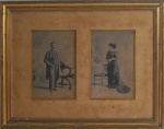 Duas fotografias . "Dama" e "Cavalheiro", de época , medindo 19 x 12 cm cada. Assinadas Musseng .Ambas na mesma moldura com vidro, 37 x 46 cm. No estado ( manchas do tempo).