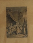 Gravura antiga em preto e branco. "Le Coucher". P.H.E.Freudeberg Ino Dubouchet Sculp, medindo 16 x 12 cm. Emoldurado com vidro, 29 x 23 cm.
