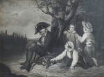 Gravura em preto e branco. "Homem descansando e crianças",39 x 50 cm. Emoldurada com vidro, 60 x 73 cm. (algumas manchas do tempo e moldura com desgastes).