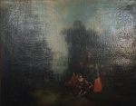 ESCOLA EUROPÉIA  - " Cena Romântica", óleo s/ tela, sem assinatura, 86x110 cm, c/ moldura 108x131 cm, no verso cache da Galeria Montmartre Jorge Artes ( tela necessita restauro)