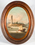 SEM ASSINATURA. escola Italiana. " Barco a vela com farol", óleo s/tela, 42 x 15 cm . Emoldurado,56 x 44 cm.