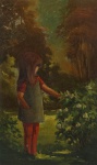 ROBERTO DE SOUZA. " Menina no jardim, óleo s/eucatex, 25 x 15 cm. Assinado. Sem moldura.
