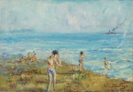 Manoel Santiago - "Paisagem com mar e figuras", óleo sobre tela, assinado no c.i.d. Medidas, 38 x 55 cm, moldura, 66 x 83 cm.