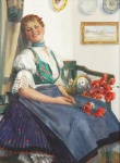 PEDRO WEINGARTENER. "Menina com flores", óleo s/tela, 80 x 60 cm. Assinado , localizado e datado no CID, Roma1903. Emoldurado, 98 x 77 cm.