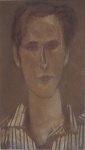 CARLOS SCLIAR. Retrato em guache sobre papel colado em chapa de madeira industrializada. Assinado c.i.d. Medida 45x26 cm. Medida com moldura 73x54 cm