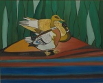 JOSE PINTO - "Patos Mandarim", óleo sobre tela, assinado frente e verso, datado de 1983. Medidas, tela 1,00 x 81 cm, moldura, 1,03 x 1,22 cm.
